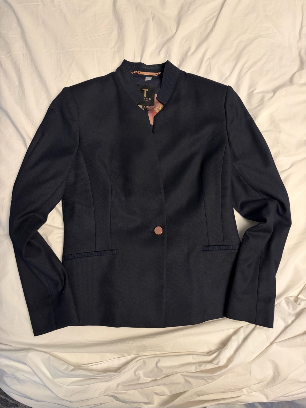 Ted Baker London RIVAA Navy Collarless Blazer Size 3 Floral Lined
